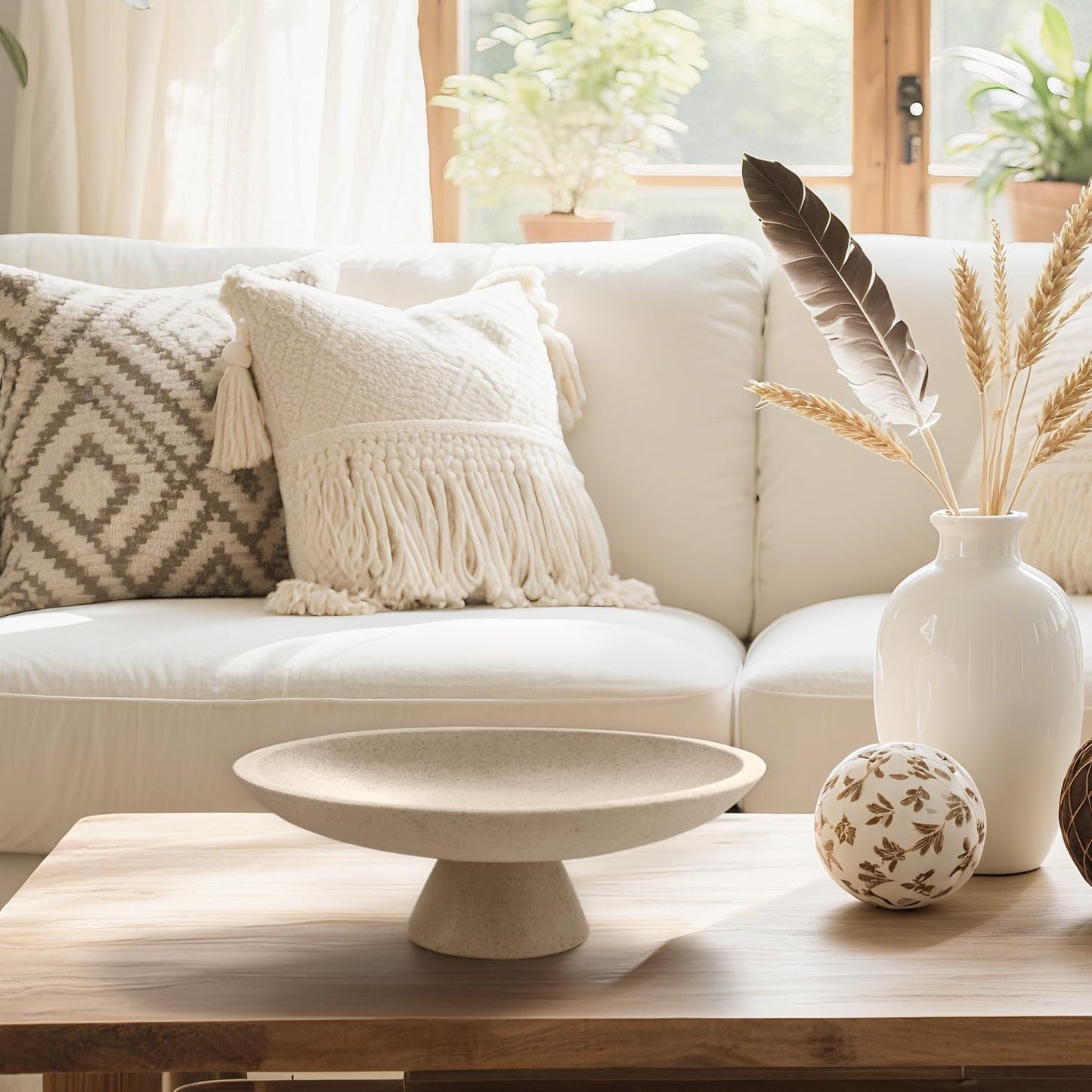 Plukers Large Modern Decorative Bowl for Home Decor Fruit Organic Catch All Key Kitchen Entryway Shelf Coffee Table With Pedestal,Artificial Stone Beige
