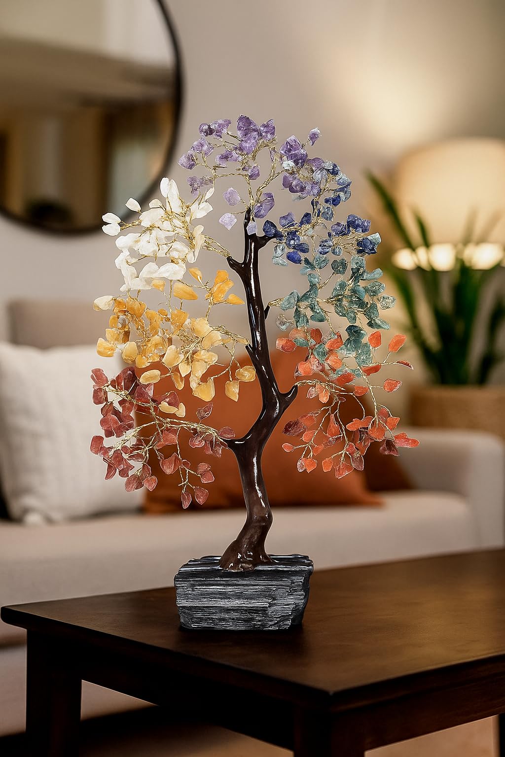 Seven Chakra Crystal Tree for Positive Energy, Healing Gemstone Bonsai with Black Tourmaline Gemstone Base – Feng Shui Money Tree for Home Décor, Meditation & Reiki Healing