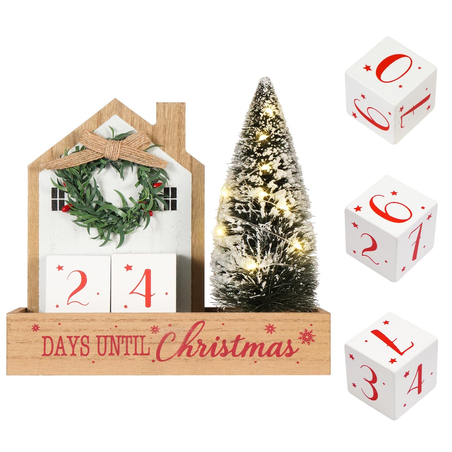 Christmas Tree Countdown Block LED Lighted 99 Days Until Christmas Wreath Calendar Tabletop with Timer Number Date Rustic Wooden Home Decor Holiday Xmas Ornament Desk Decoration Gift