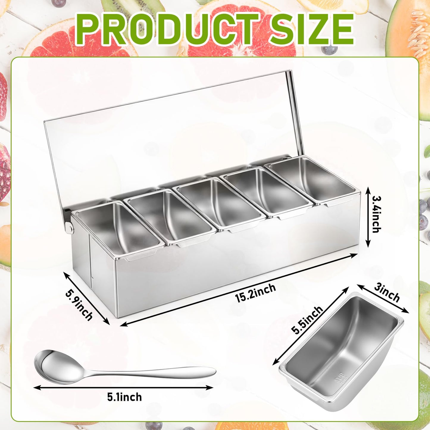 Ferrochef 5 Compartments Stainless Steel Chilled Condiment Tray, Garnish Tray with 5 Removable Compartments, Condiment Dispenser with Lid, Fruit Serving Containers