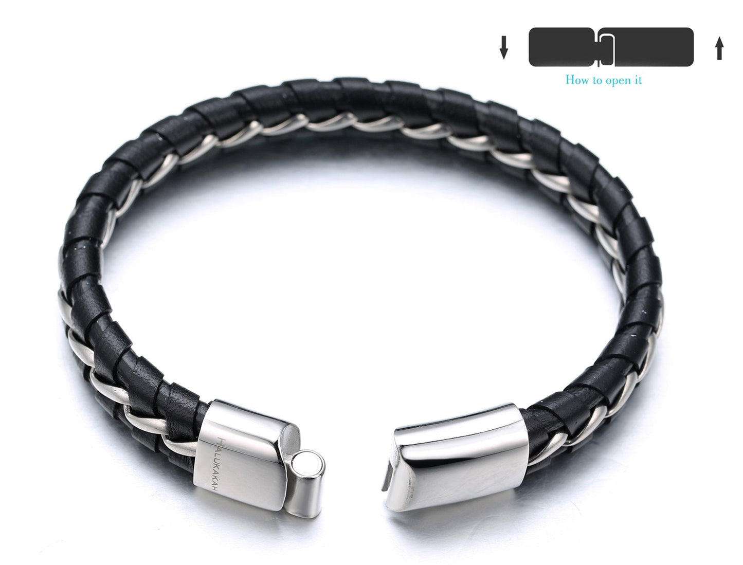 HALUKAKAH Kids ● Solo Junior ● Boy's Genuine Leather Bracelet Black 6-12 Y/O. Titanium Silver Chain Magnetic Clasp 7"/18cm with Free Giftbox