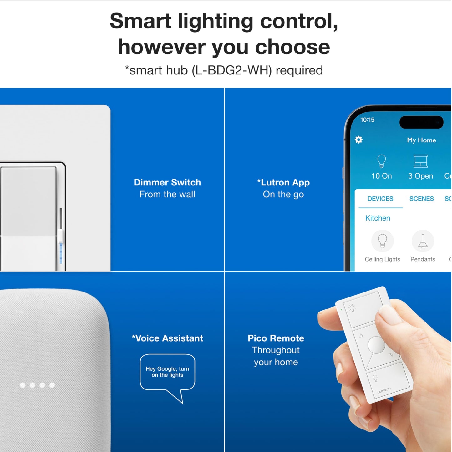 Lutron Diva Smart Dimmer Switch Kit for Caseta Lighting w/ Hub, Pico Remote & Pedestal, Smart Dimmer Works with Apple Home, Ring, Google Home, 3 Way, DVRF-BDG-1DP-A