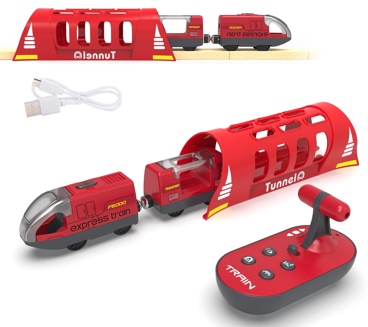 Remote Control Train Set with Light & Sound Tunnel – Battery Operated Bullet Train for Wooden Track, Compatible with Thomas & Brio, Gift for Kids 3-5