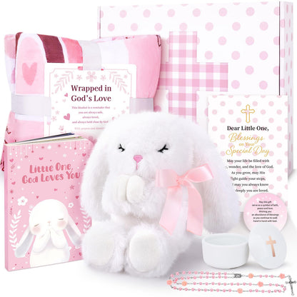 Baptism Gifts for Girl, Christening Gift Set for Baby Girls, Baby Dedication Gift, Includes Bunny Stuffed Animal, First Rosary Beads, Prayer Book, Keepsake Blanket, Catholic Baptism Gift Basket