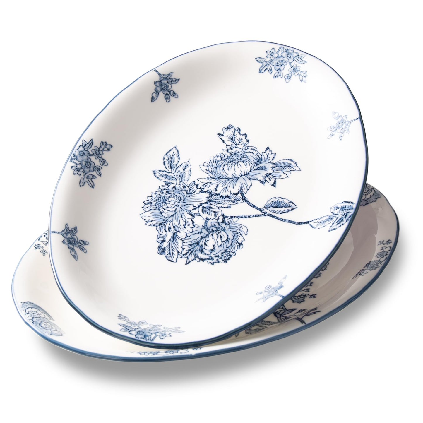Magclay Ceramic Serving Platter, 13.7 Inch Large Oval Serving Trays, Dinner Plates, Dish Set for Dessert Appetizers Meat/Entertaining/Party, Blue and White, Set of 2