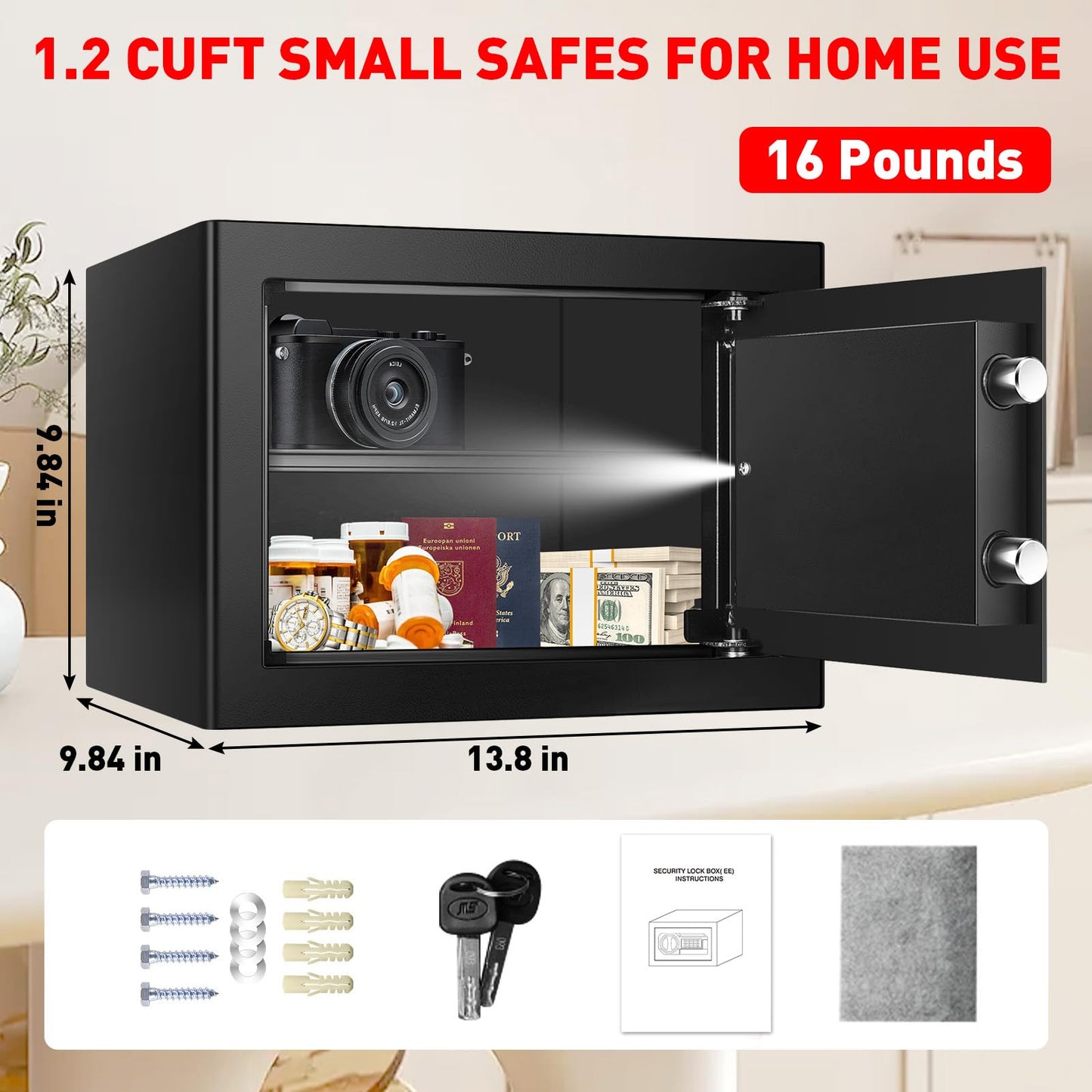 1.2 Cubic Feet Small Fire Safe Box for Home, Fireproof Lock Box, Security Money Safe with Digital Keypad, Spare Keys and Removable Shelf, Personal Home Safes for Money, Jewelry, ID Documents