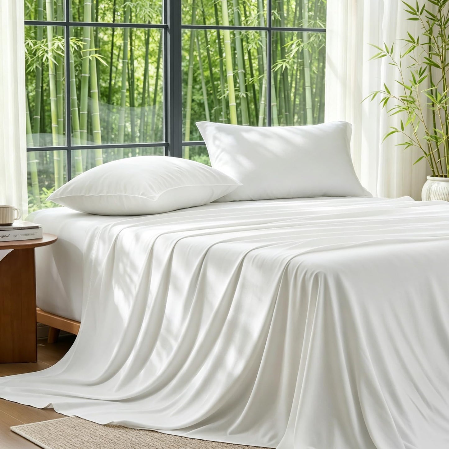 BEDELITE Bamboo Viscose Sheets - 100% Organically Grown, Up to 18" Deep Pocket Queen Sheet Set, All Round Elastic & Corner Straps, Luxury Silky Soft Cooling Sheets for Hot Sleepers, 4 Pieces, White