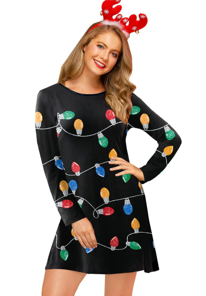 For G and PL Christmas Womens Bodycon Printed Costume Black Long Sleeve Dress Crewneck Pullover Outfits Light XL