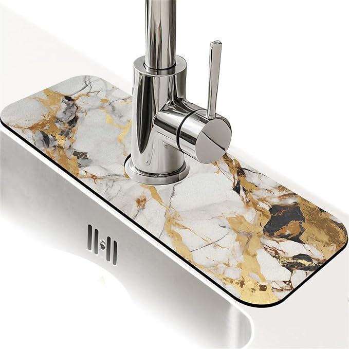 Kitchen Sink Splash Guard，Abstract marble gold Faucet Mat Sink Gadgets-Super