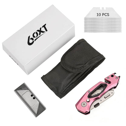 Utility Knife Folding Safety Lock Quick Change with 10 Extra SK5 Replacement Blade Lightweight Aluminum Handle & Pocket Clip Multi-Use Box Cutter Office Home Art Diy Great Gift Choice (UPG.V.Pink)