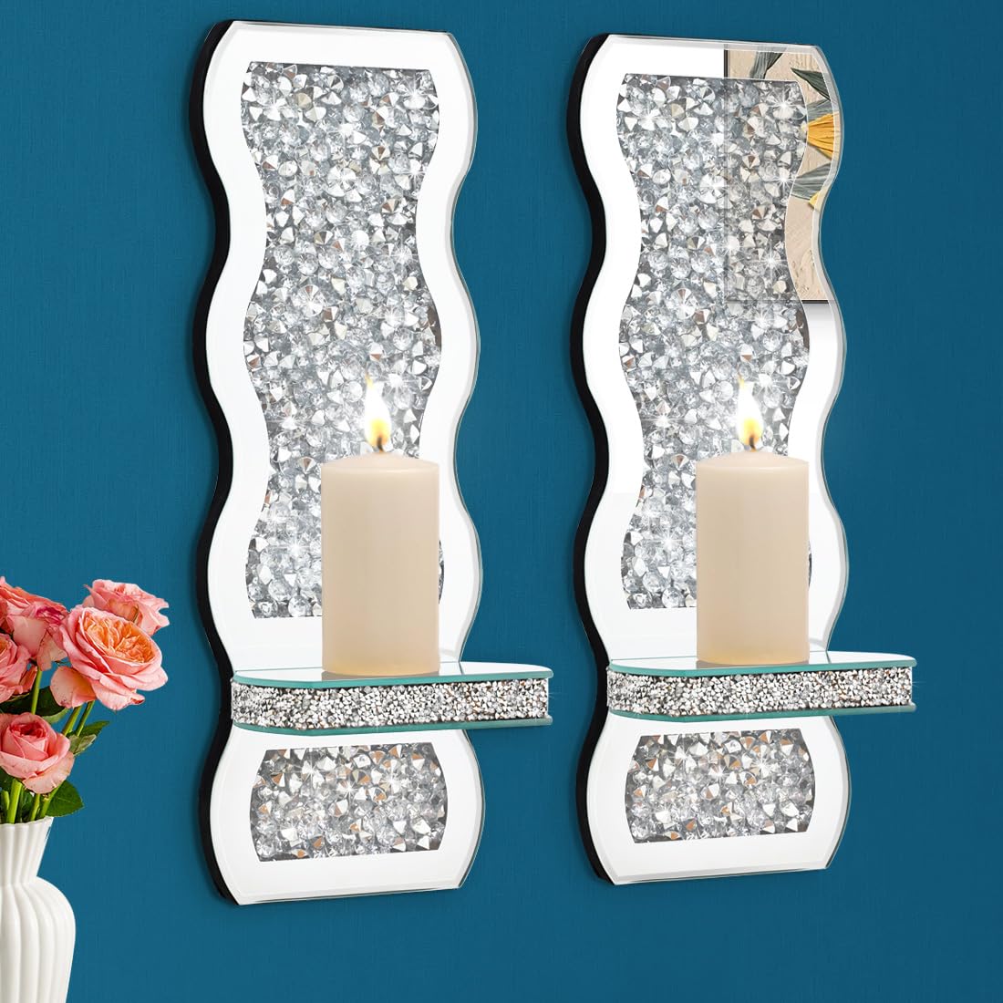 Aeveco Crystal Crush Diamond Mirrored Candle Sconces, Silver Wall Candle Holder Set of 2, Wall Decorations for Living Room，Dining Room (Wave)