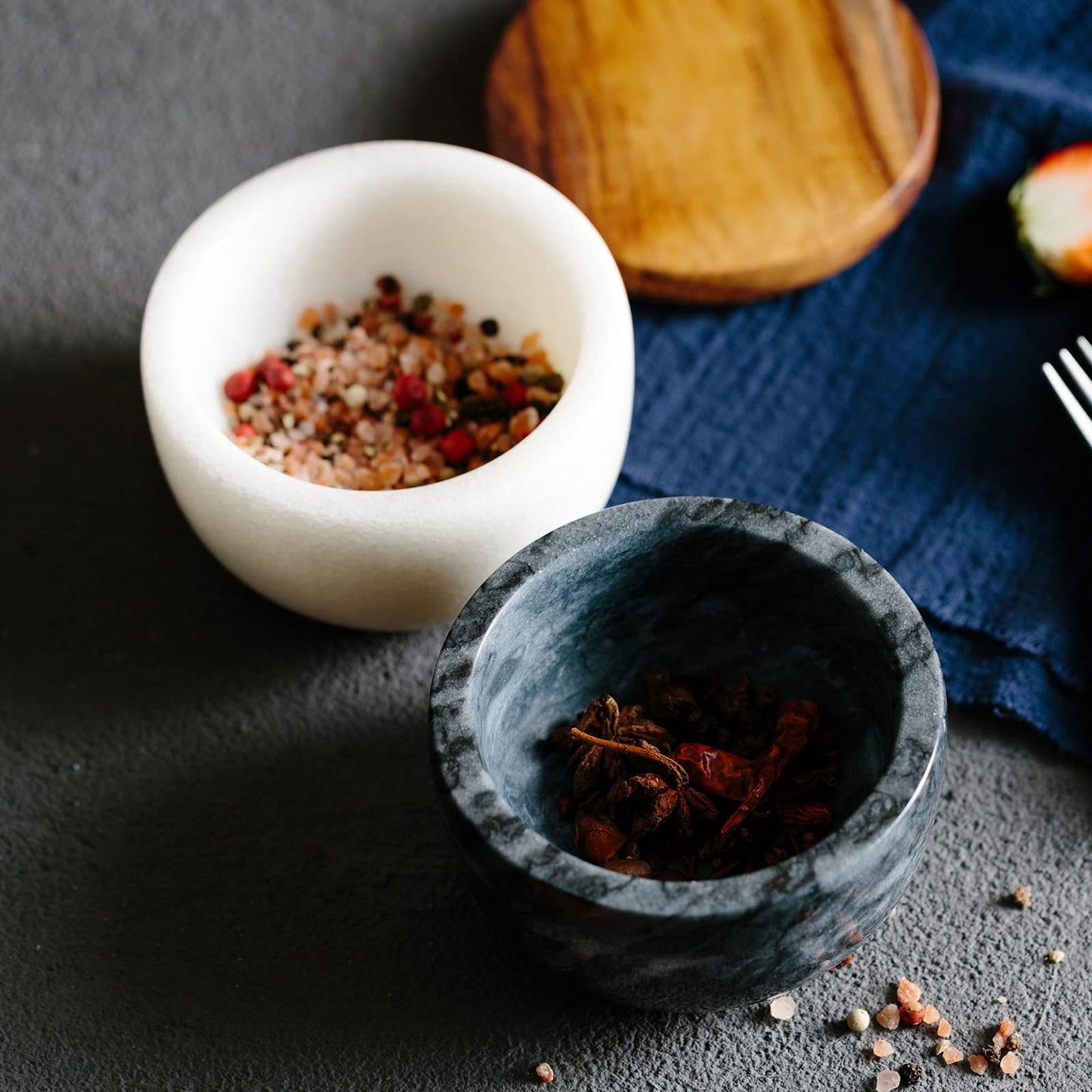 jalz jalz Marble Salt Cellar Pinch Pot - Heavy Non-Slip Salt Bowl with Acacia Wood Cover and Spoon - 10oz Capacity Spice Storage Natural Marble Salt Box with Sustainable Acacia Lid