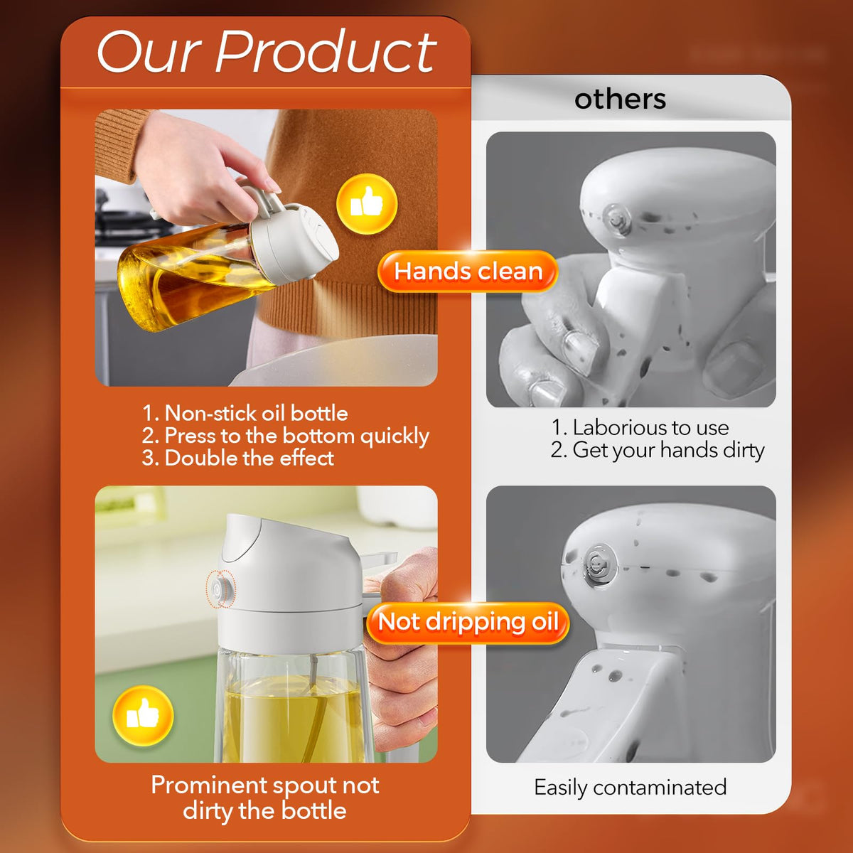 YRRAMATE 16oz/470ml Glass Olive Oil Sprayer for Cooking with Stickers, 2 in 1 Oil Dispenser for Kitchen Gadgets, Food Grade Premium Spray Bottle for Salad, Frying, BBQ (Creamy White)