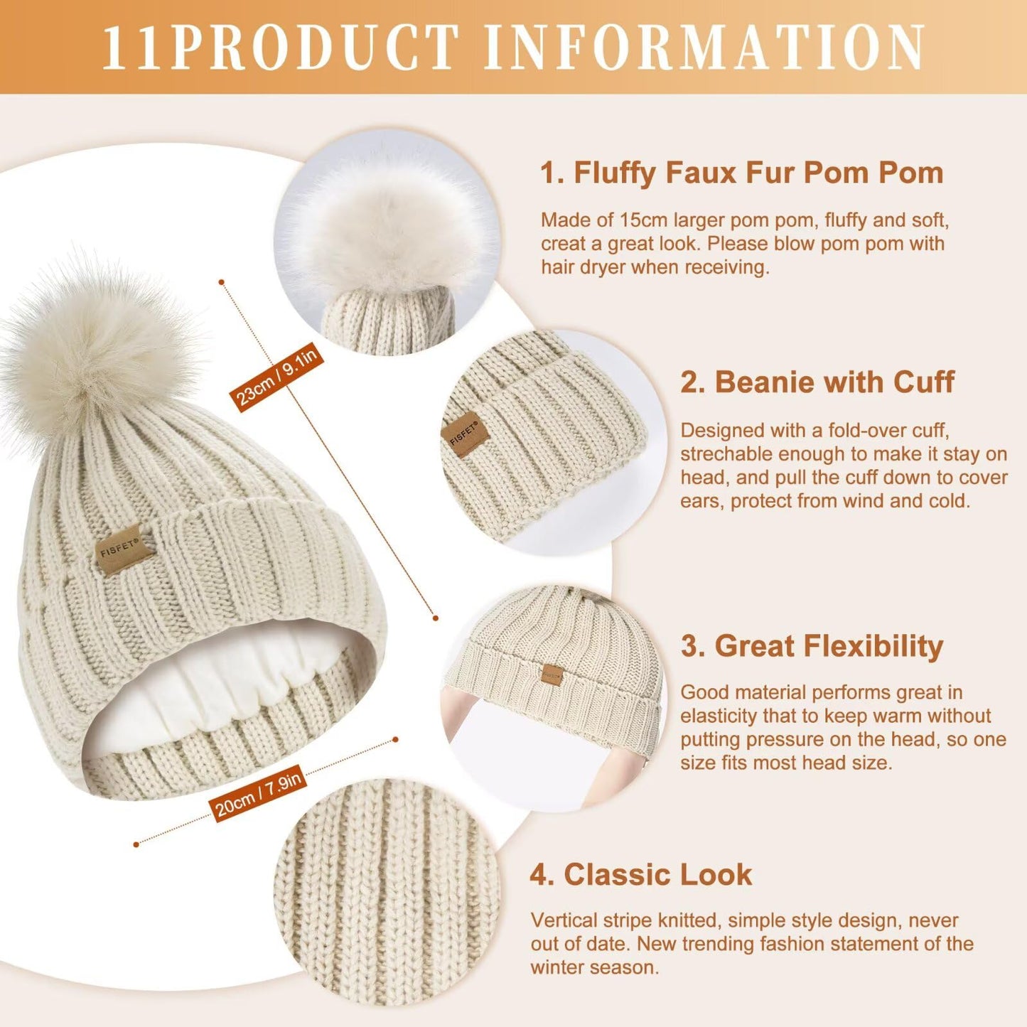 Winter Beanie Hat Scarf Gloves Set for Women, Winter Hats for Women Fleece Lined with Pom Pom Neck Warmer Touchscreen Gloves 3 in 1 Cold Weather Set, Stocking Stuffers Gifts for Mom Her(Oatmeal)