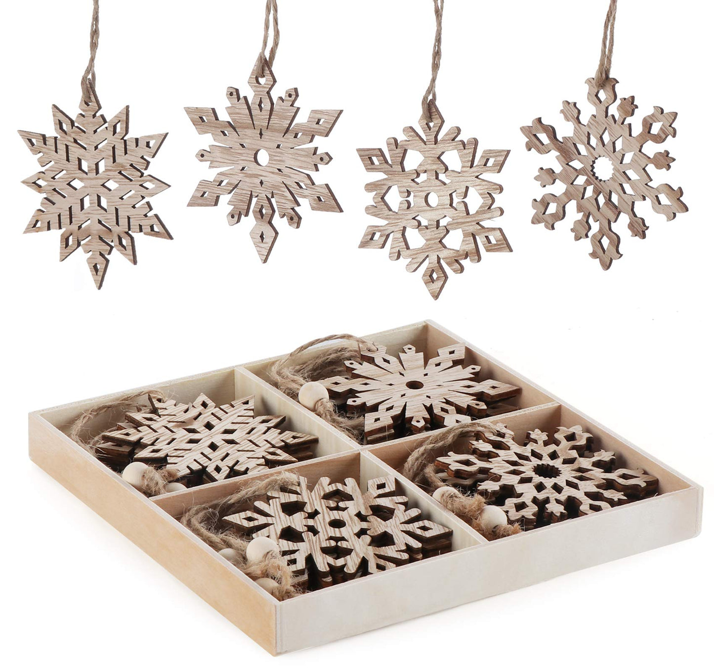 Wooden Snowflakes Christmas Ornaments 16Pcs Tree Hanging Decorations Rustic Wood Crafts