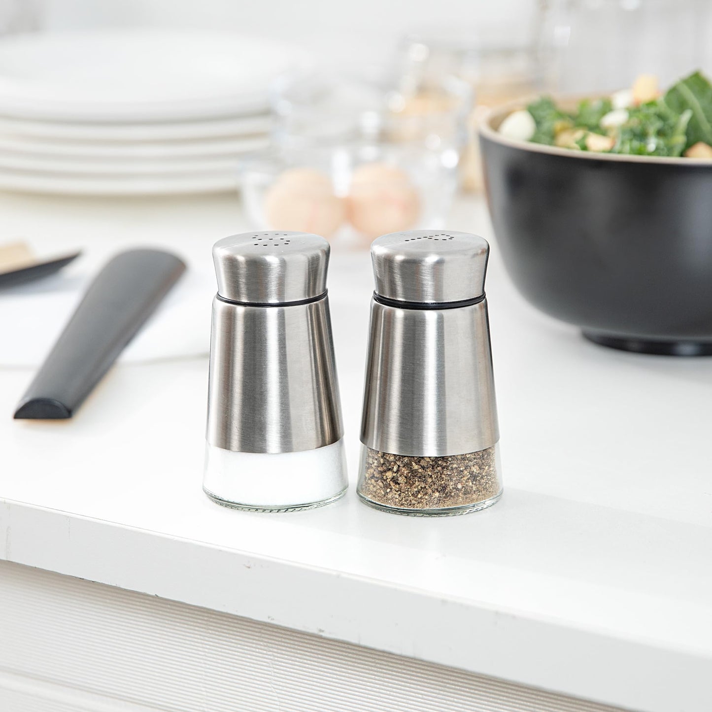 Restaurantware-Met Lux 2 Ounce Salt And Pepper Dispensers, 1 Refillable Salt And Pepper Shaker Set - "S" And "P" Pour Holes, Clear Glass Bottom, Stainless Steel Spice Dispensers, With Screwable Lid