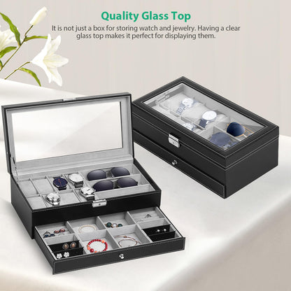 TomCare Watch Box Watch Case Jewelry Organizer Holder Jewelry Display Box Case Sunglasses Storage Organizer Lockable with Glass Top and PU Leather for Men Women, Black