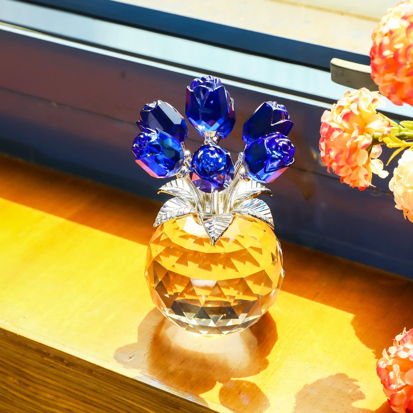 YWHL Crystal Blue Rose Flower Figurine with Round Vase, Rose Gifts for Wife Girlfriend, Romantic Gifts for Mom on Mother's Day Anniversary Birthday, Rose Collectible Figurines for Home Decoration
