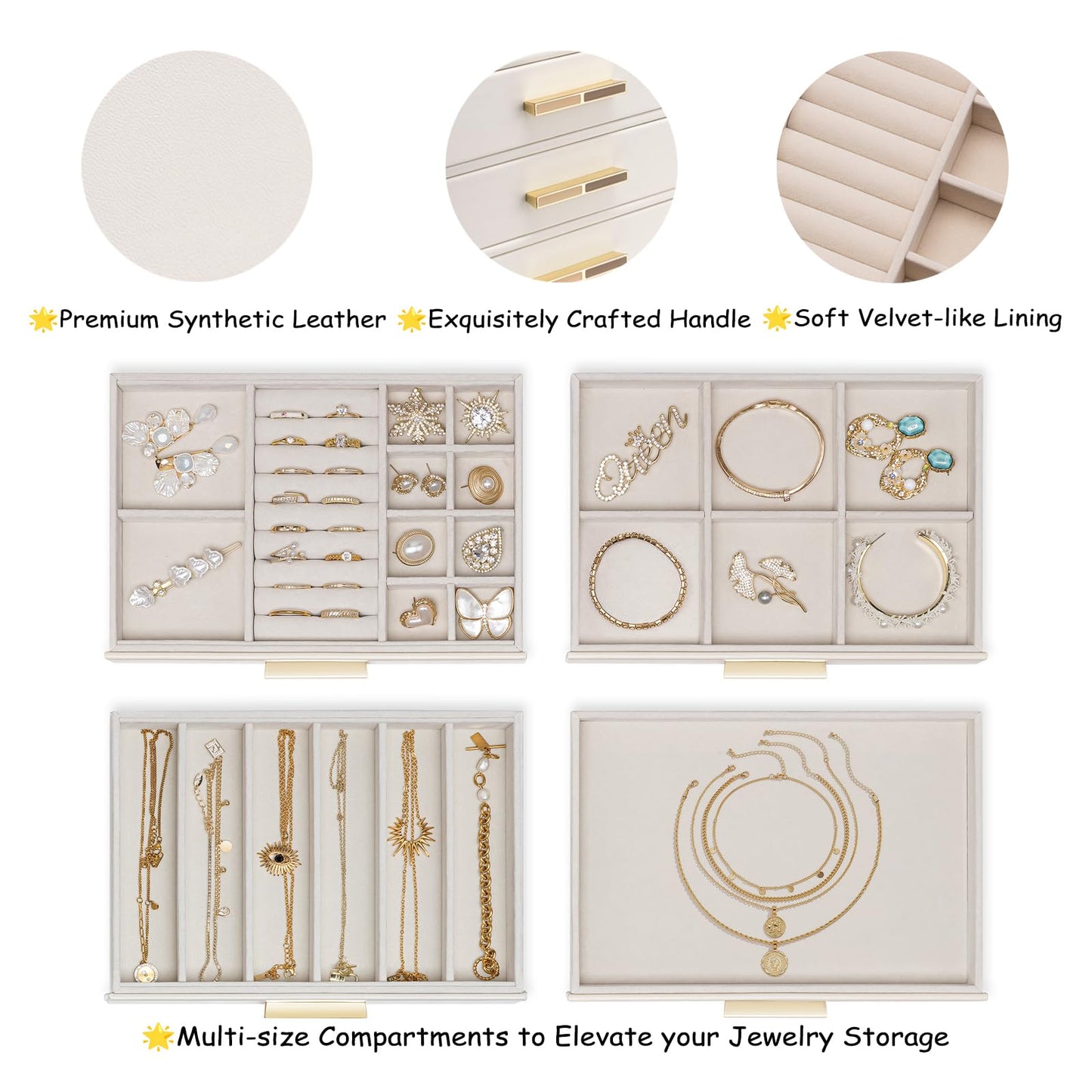 VLANDO 4-Drawer Jewelry Box with Glass Lid, Faux Leather Organizer for Rings Earrings Necklaces and More, Gift-Ready Jewelry Case for Women Girls or Moms, Beige