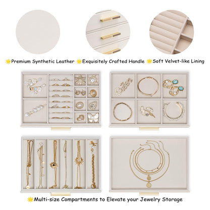 VLANDO 4-Drawer Jewelry Box with Glass Lid, Faux Leather Organizer for Rings Earrings Necklaces and More, Gift-Ready Jewelry Case for Women Girls or Moms, Beige
