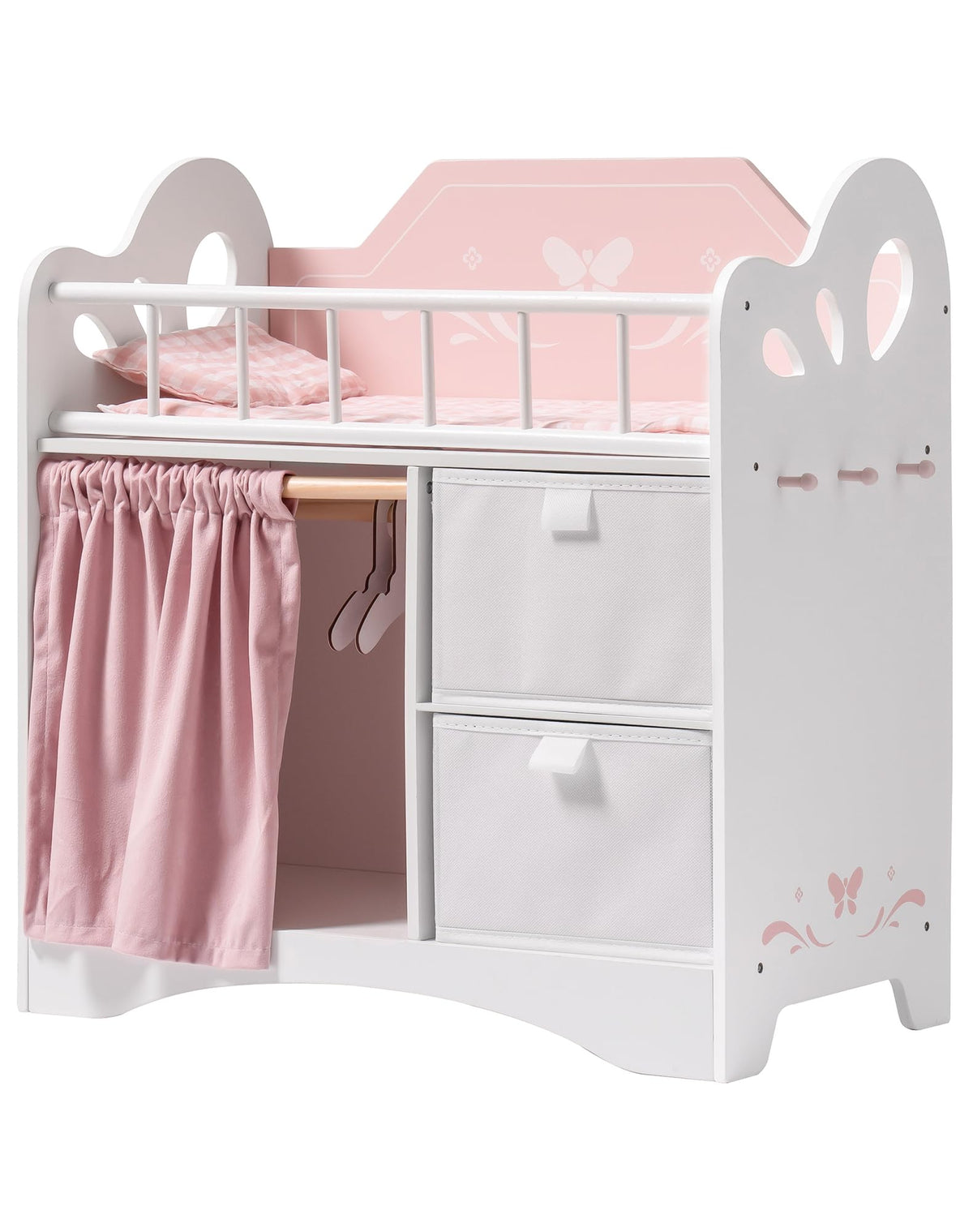 ROBOTIME Baby Doll Crib, Wooden Doll Bed, Toy Baby Crib with Storage, Bedding, and Wooden Hooks, Doll Crib Fits Dolls up to 21", Doll Furniture for American Girls Ages 3+ (Pink)