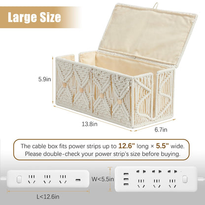VinneGenzz Cable Management Box Handmade Macrame Cord Storage Organizer Power Strips Outlet Router Adapter TV Wire Hider Cover Under Desk Natural Cotton Rope Woven Boxes with Lid (Off White, Large)