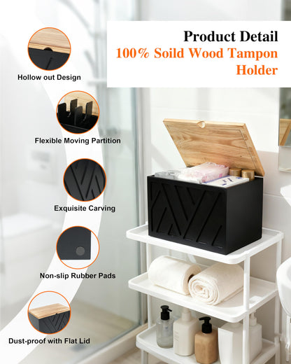 KeepTwenty Tampon Holder for Bathroom Decor Feminine Product Organizer With Lid Shark Week Box Wooden Pad Girl Stuff Box (BLACK, lid) (1, BLACK)