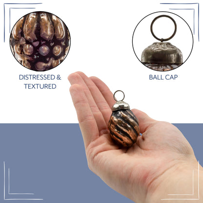 AuldHome Mercury Glass Finial Ornaments (Set of 12, Copper, Small); Distressed Metal Antique Style Christmas Tree Decorations; 1.3 to 2-Inch Size
