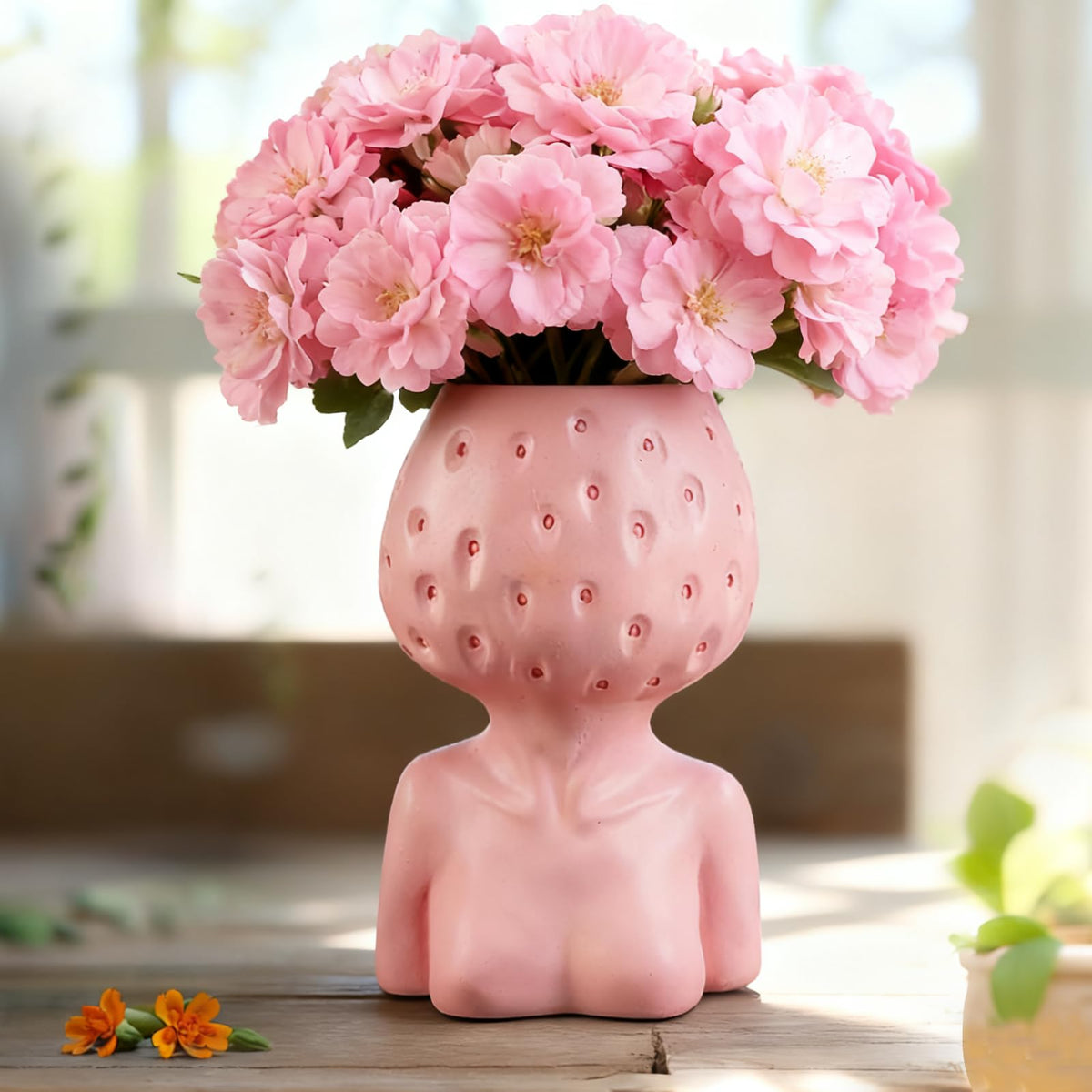 Female Body Vase, Strawberry Face Planter for Decor, Unique Cute Head Planter Pot Bust Planter with Drainage Hole, Resin Flower Pot for Indoor Outdoor Plants Succulents Aesthetic Home Decor Gift, Pink