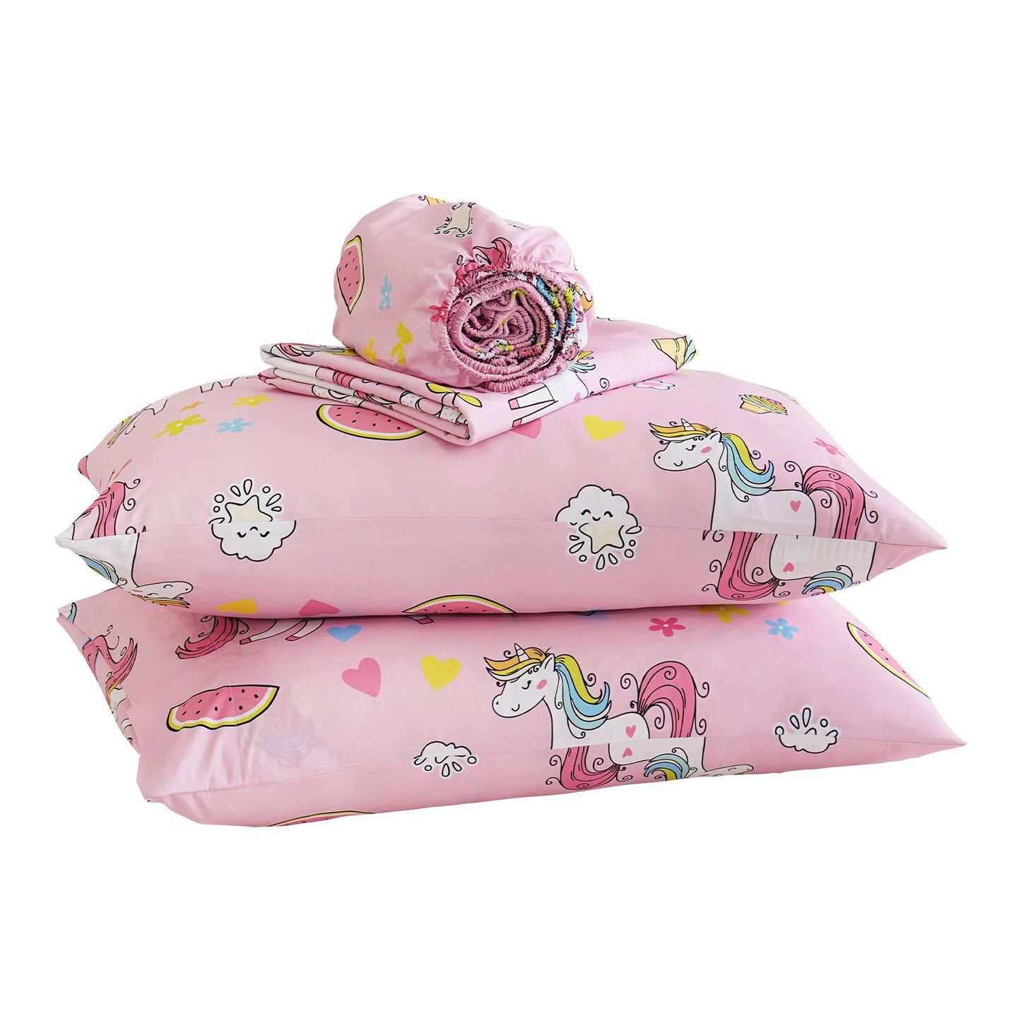 Yibeizi Pink Unicorn Sheet Set for Girls Full, Kids Rainbow Sweet Print Bedsheets Microfiber Deep Pocket Cute Patterned Bed Sheet & Pillowcase Sets 4 Pieces