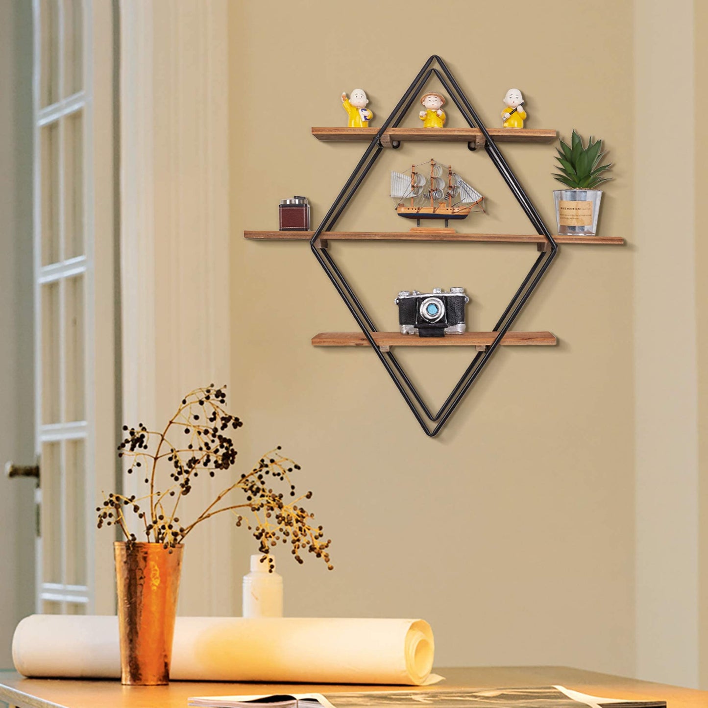 RiteSune Geometric Diamond Wall Shelves, 3 Tier Hanging Floating Display Shelf Decor for Bedroom Living Room Office, 24"X23.5"X6"