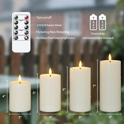 Yeelida Outdoor 4pcs Flameless Waterproof Candles with Handy Remote Control, Cycle Timer Battery Operated Candle Grease Effect LED Flickering Pillar Plastic Long Lasting (Ivory, 3" x4" 5" 6" 7")