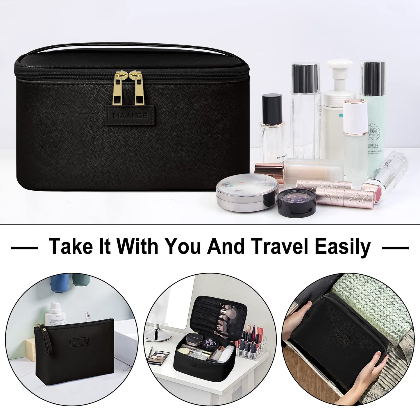 MAANGE 3 Pcs Makeup Bag(L+M+S) Travel Cosmetic Bags with Brush Compartment PU Leather Small Makeup Bag Portable Make Up Bag Versatile Zipper Makeup Pouch for Women, Black