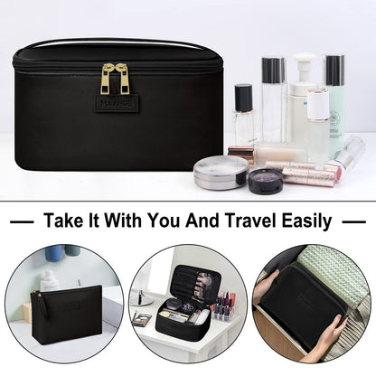 MAANGE 3 Pcs Makeup Bag(L+M+S) Travel Cosmetic Bags with Brush Compartment PU Leather Small Makeup Bag Portable Make Up Bag Versatile Zipper Makeup Pouch for Women, Black