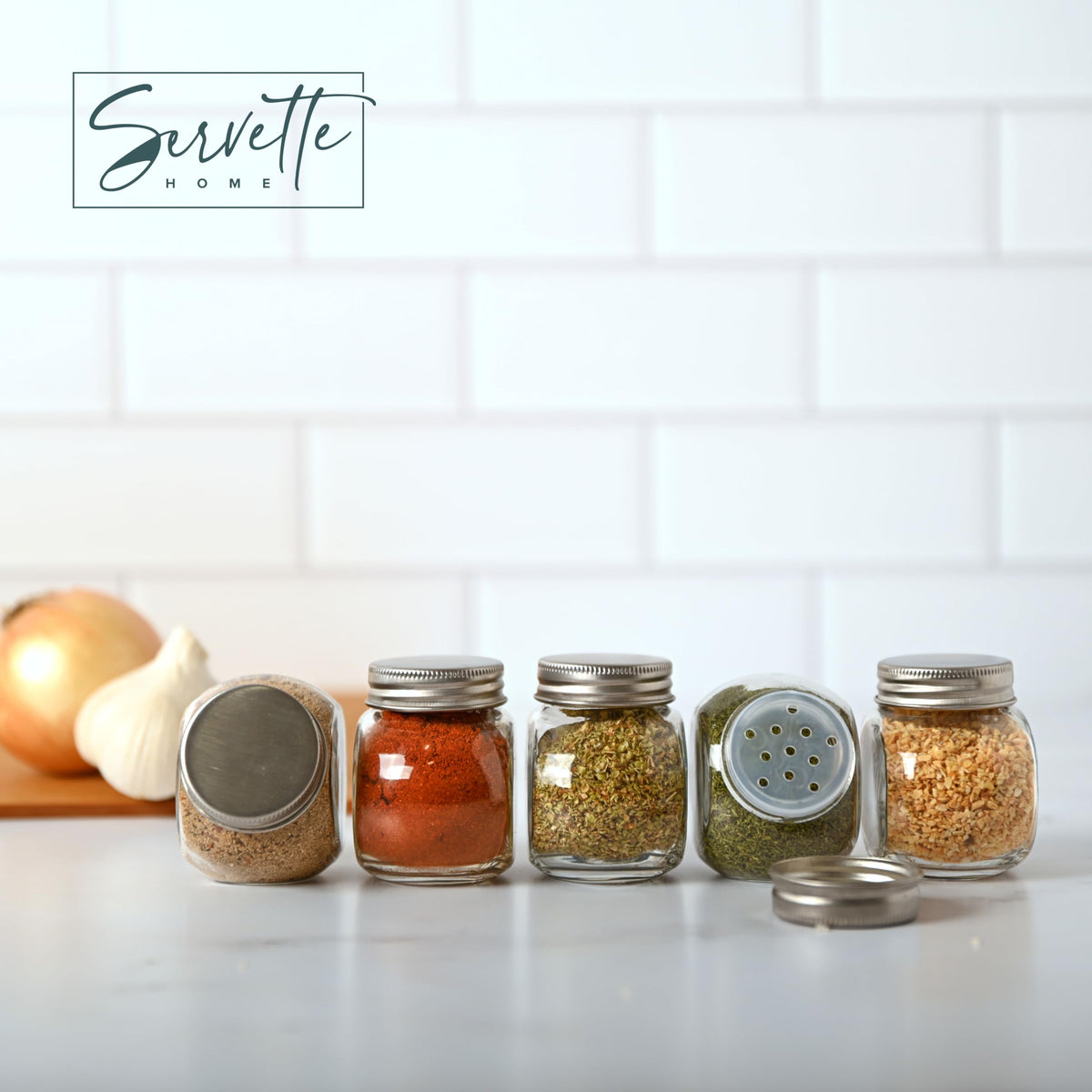 3.4 Ounce Glass Penny Spice Jar with Metal Screw Lid and Removable Shaker Top (Set of 3)