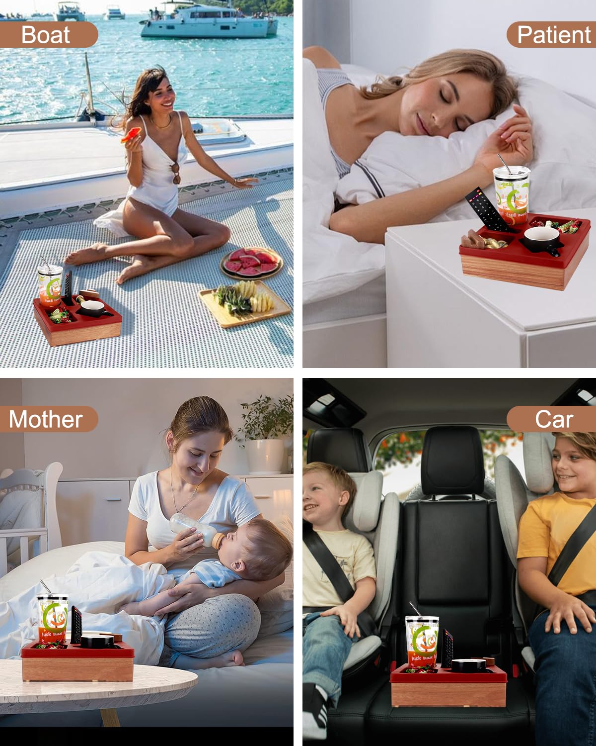 Couch Cup Holder Tray, Silicone Wooden Couch Caddy with Cup Holder for Snacks, Drinks, Remotes, Waterproof Cup Holder for Couch, Organizer, Couch Drink Holder, (red)