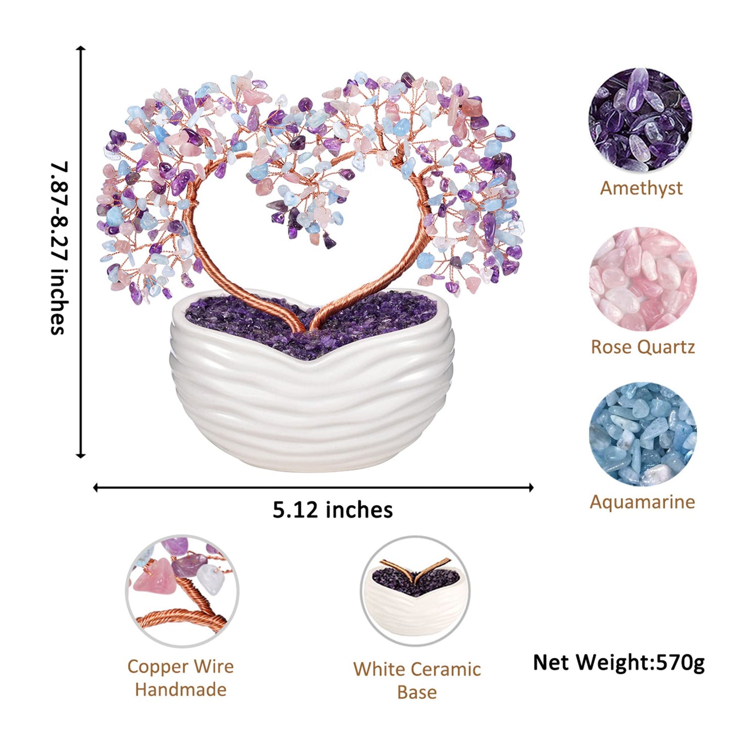 GEHECRST Healing Crystal Heart Tree Handmade Amethyst Rose Quartz Aquamarine Crystal Gemstone Money Tree Feng Shui Ornament for Home Office Desk Decor Gifts for Mom Women Christmas