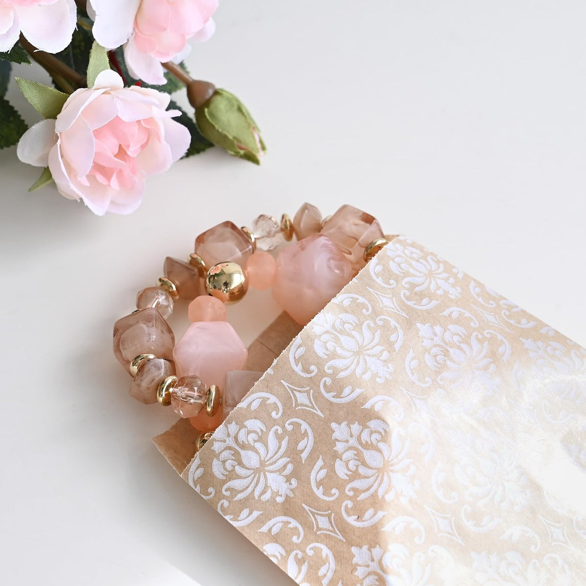 MOOCA 200 Pcs Damask Kraft Paper Gift Bags - Bulk, Small Business, Jewelry, Candy, Popcorn, Cookie & Treat Bags - 4 W x 6 H in - Kraft with White Damask