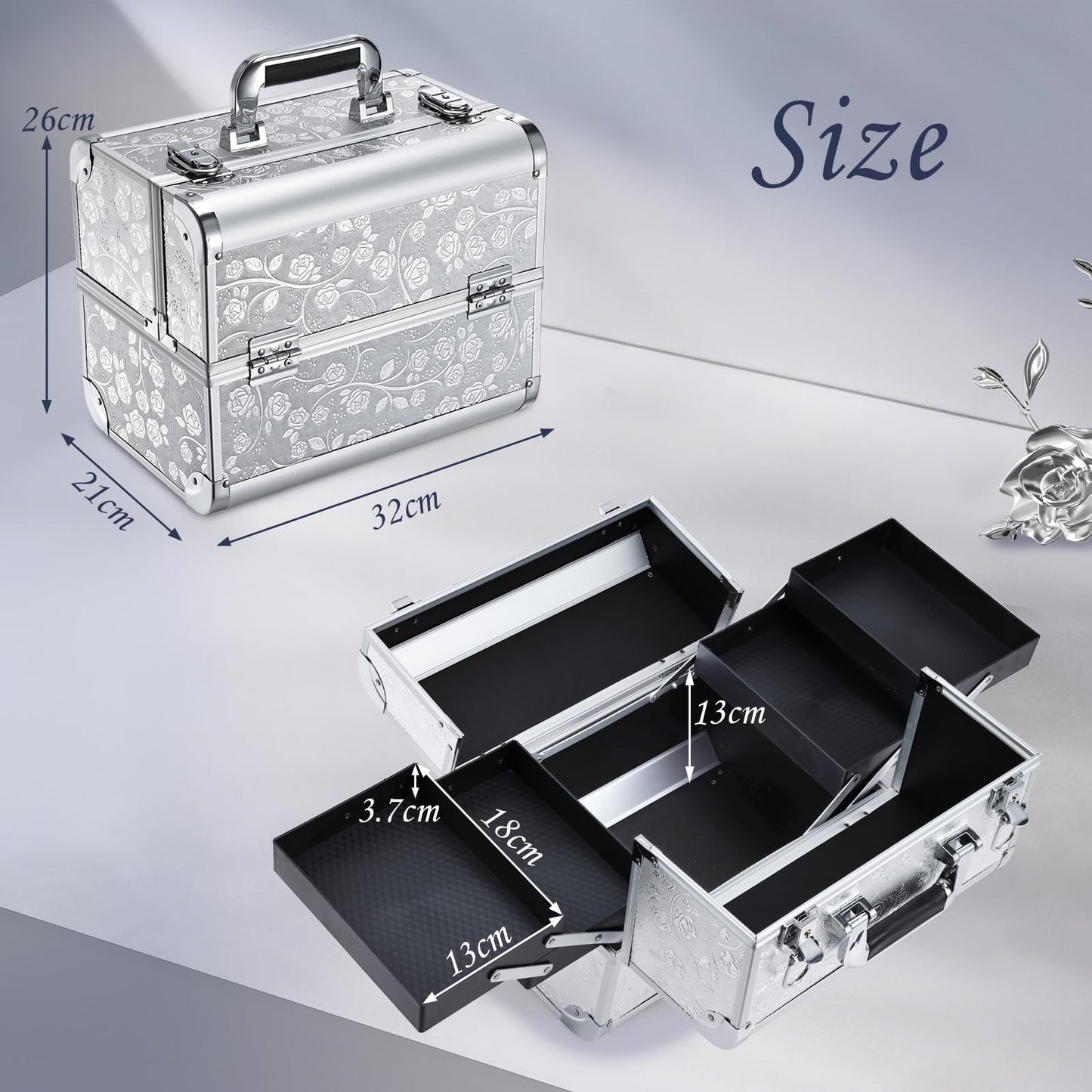 Professional Vanity Case Large Makeup Box Lockable Makeup Case Beauty Organiser Cosmetic Make Up Organiser Box 4 Trays with Keys