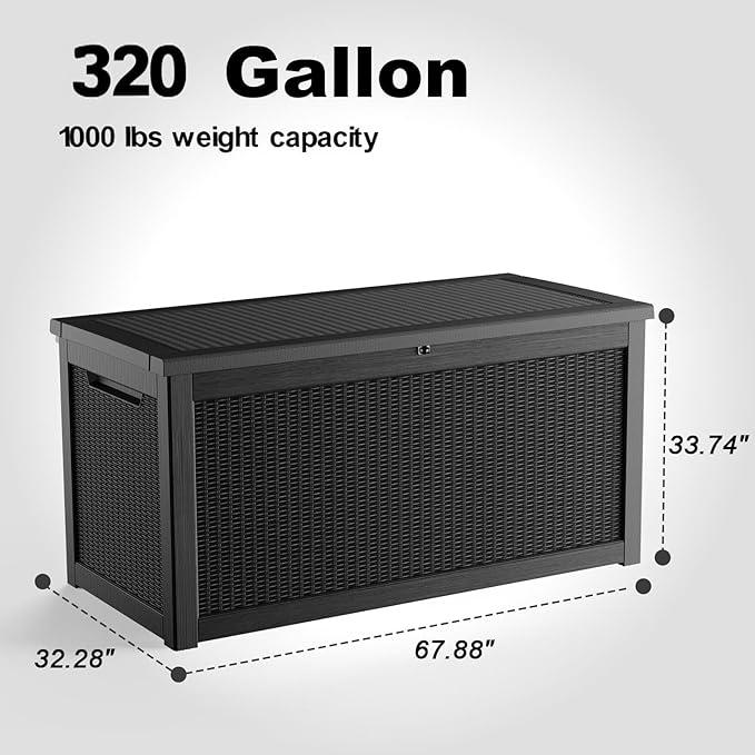ROJIK Outdoor Storage Housing Deck Box,Waterproof Patio Furniture, Garden Tools, Cushions, Pool Accessories Storage Bench with Lockable Lid and Side Handles (Black,320 Gallon)