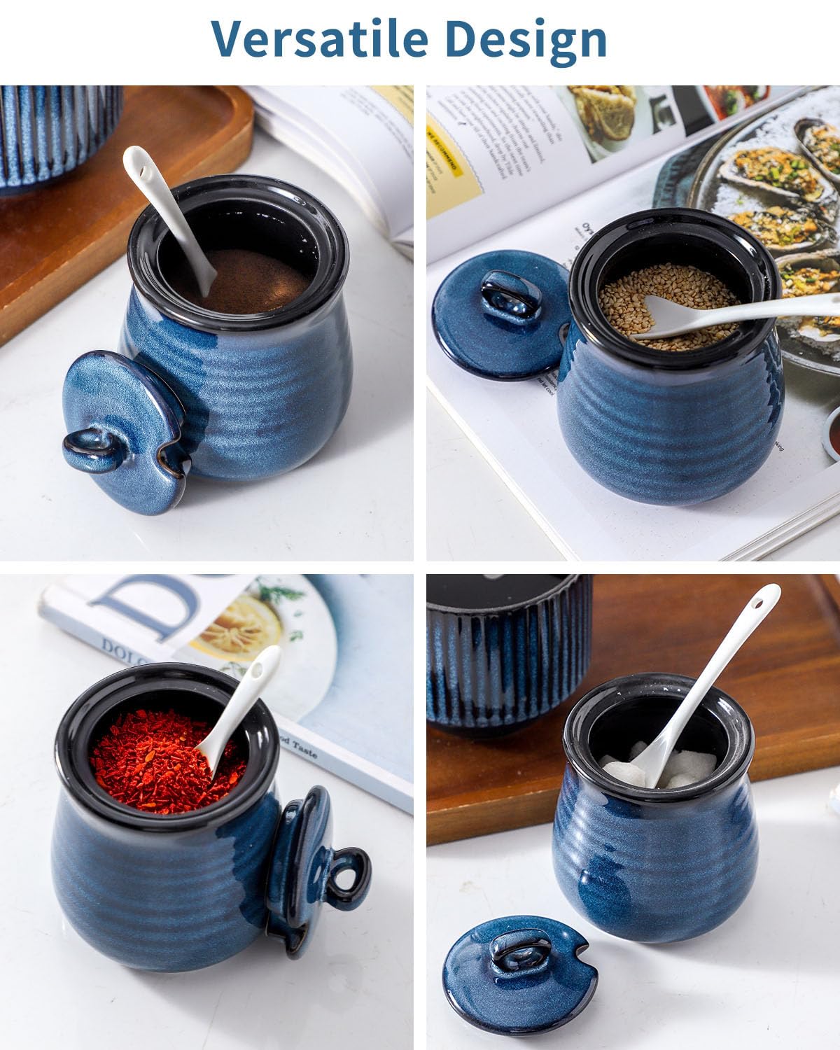 Hasense Sugar and Creamer Set, 3 Pieces with 11 Ounce Sugar Bowl with Lid and Spoon, 10 Ounce Creamer Pitcher, Ceramic Milk Pitcher and Sugar Pot for Coffee Bar, Coffee Serving Set, Navy Blue