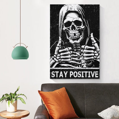 MAIHAIBAO Funny Stay Positive Skull Canvas Wall Art - Dark Humor Grim Reaper Poster - Motivational Gothic Decor for Bedroom & Office - 12x18 Inch (Unframed)