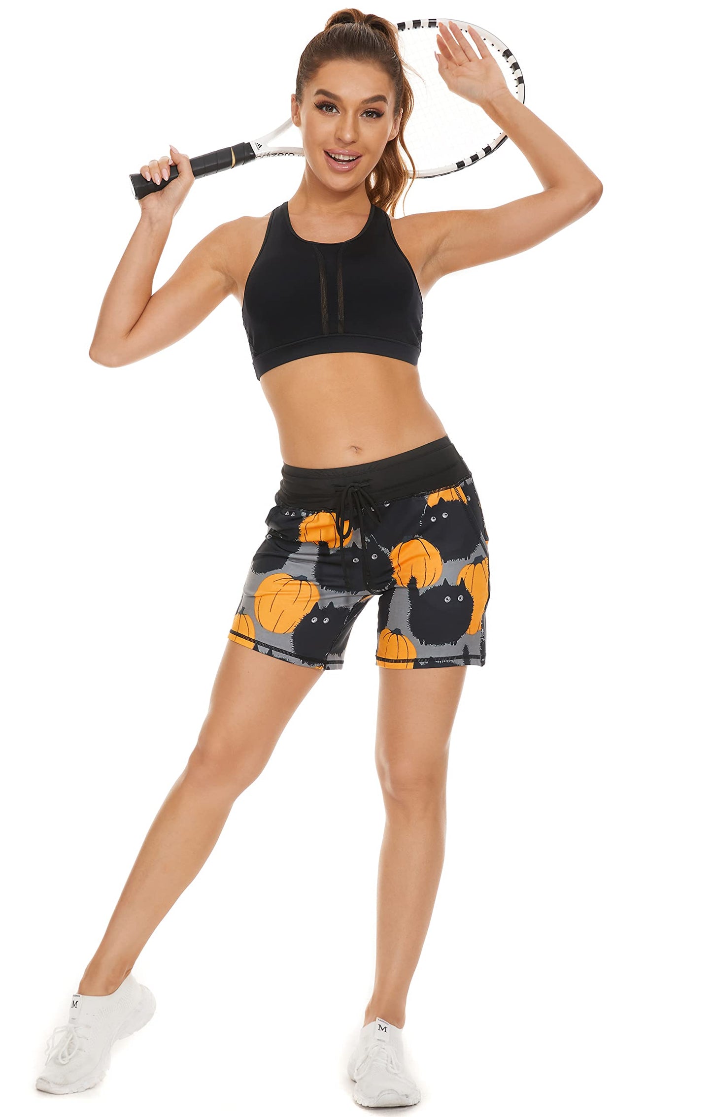 MOUEEY Women's Workout Hiking Shorts Running Athletic Gym Shorts with Pockets (Black Cat, Small)