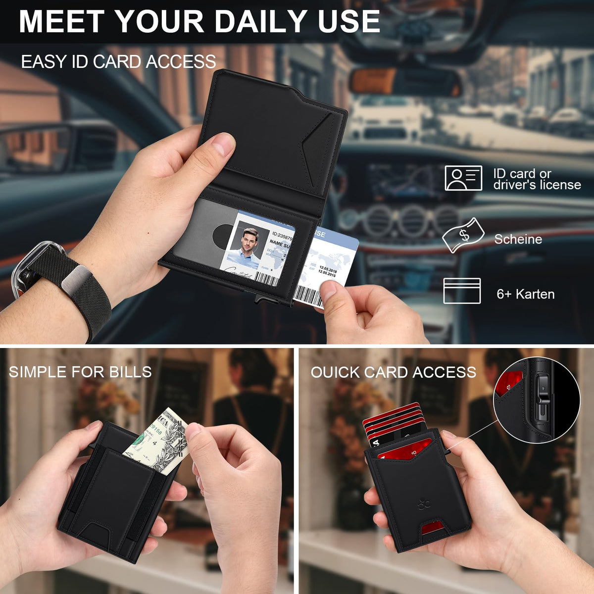 Wallet for Men Wallet with Slim Pop Up Card Holder 9-13 Cards, Bifold Minimalist Smart Wallet RFID Blocking Credit Card Holder with ID Window & Stretchable Cash Slot Compact Metal Aluminum Card Case