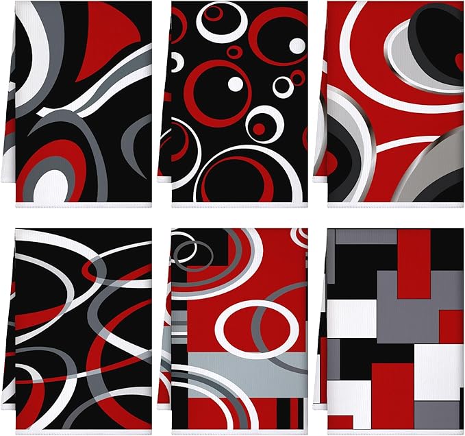 Boyiee Set of 6 Red Black Grey White Kitchen Towels Modern Geometric Dish Hand