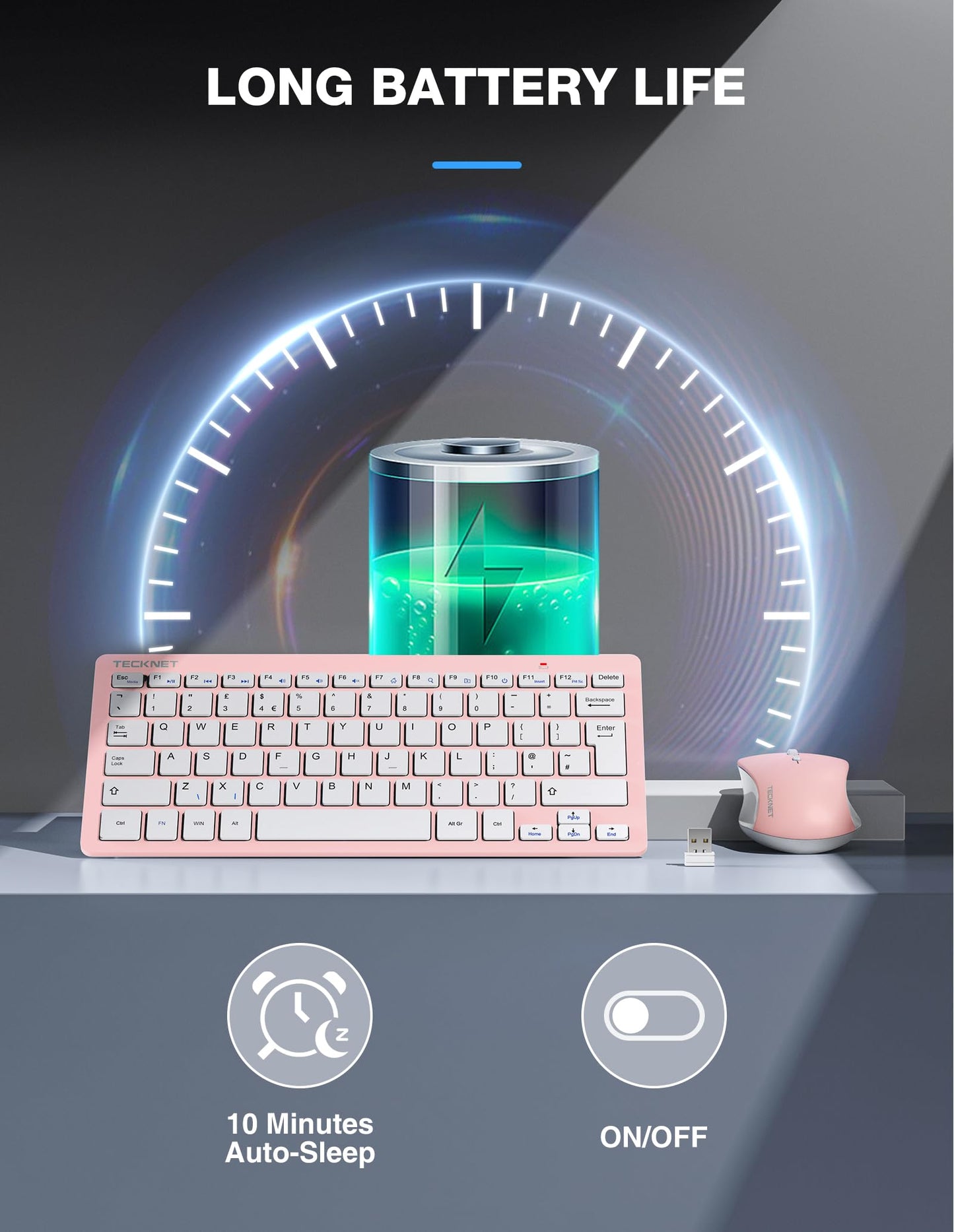 TECKNET Mini Wireless Keyboard and Mouse Set, 2.4G Cordless USB Keyboard and Silent Mouse Comb with Nano USB Receiver, 12 Multimedia Shortcuts for Computer, PC, Laptop, Desktop, Pink
