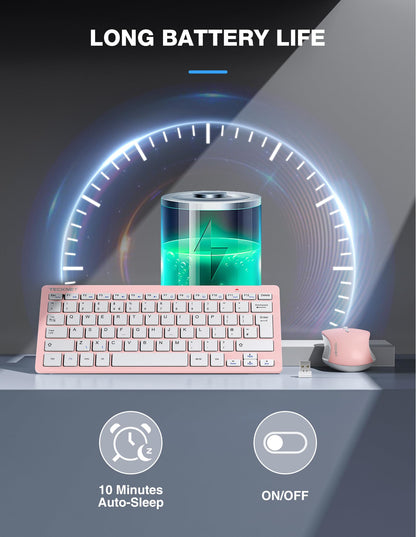 TECKNET Mini Wireless Keyboard and Mouse Set, 2.4G Cordless USB Keyboard and Silent Mouse Comb with Nano USB Receiver, 12 Multimedia Shortcuts for Computer, PC, Laptop, Desktop, Pink