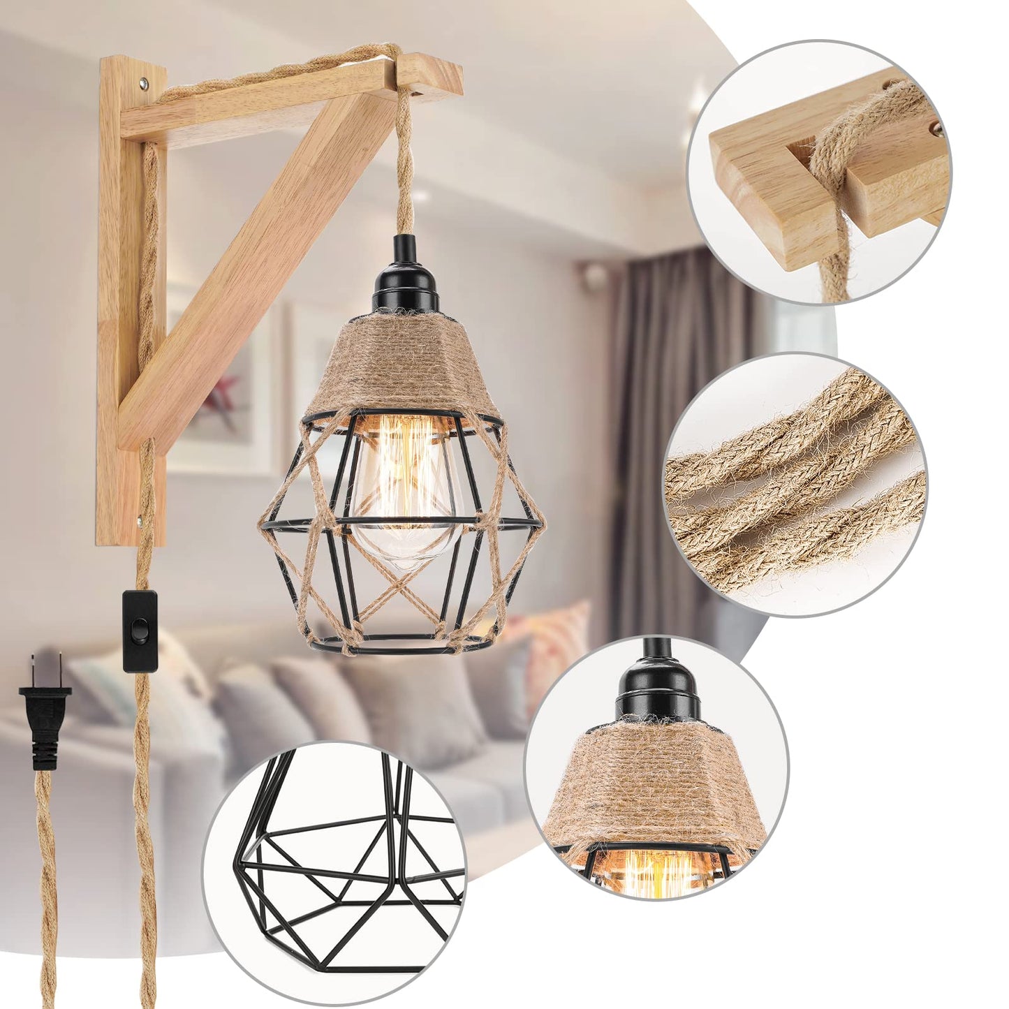 Frideko Wood Wall Sconces Set of Two Plug in, Rustic Wall Lamp with Plug in Cord, Farmhouse Wall Light Fixtures with 8.21FT On/Off Switch Cord, Indoor Sconces Wall Lighting for Bedroom Living Room