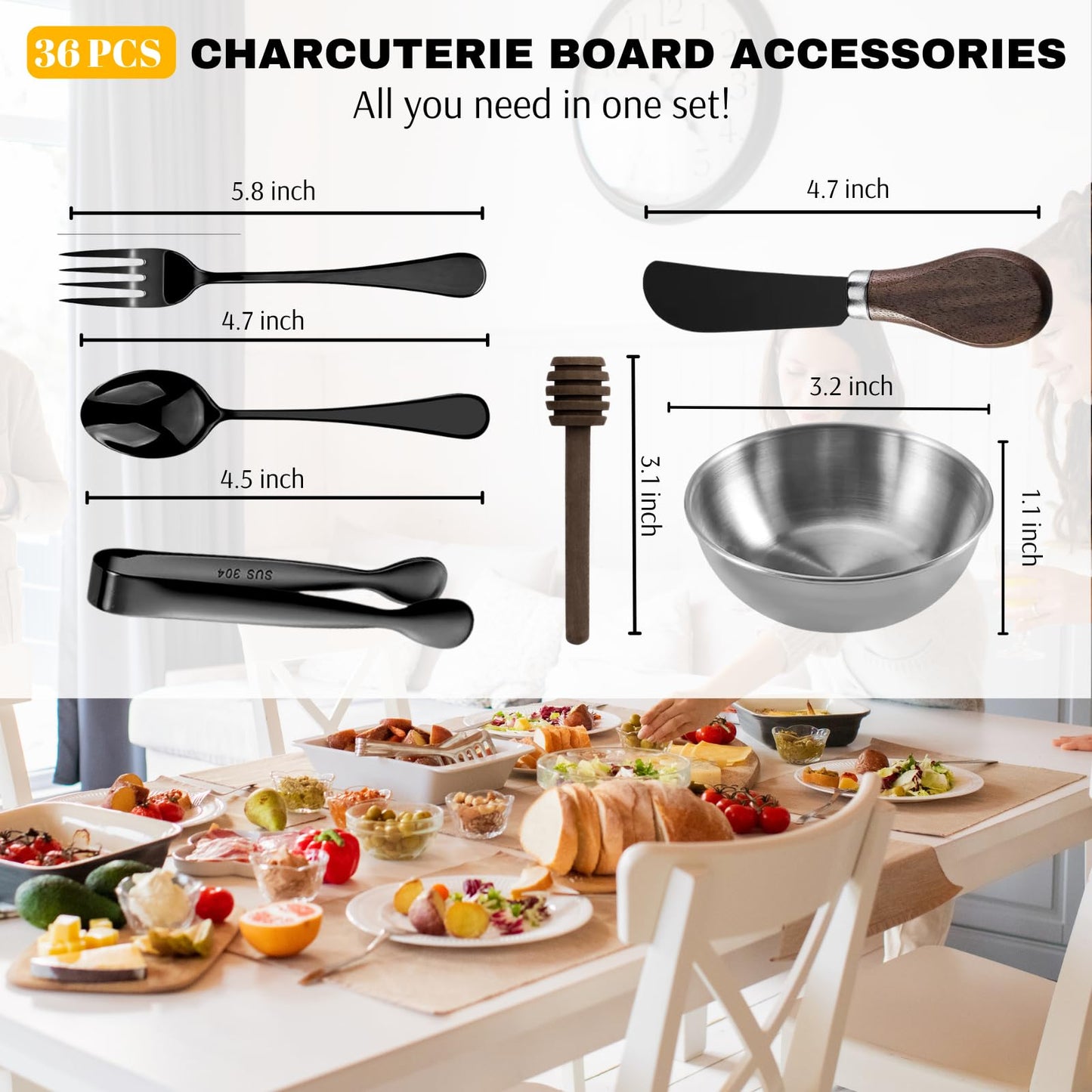 Charcuterie Board Accessories Set - Cheese Knife & Spreader, Charcuterie Cocktail Picks, Small Serving Bowls, Cheese Markers & Mini Tongs for Valentine Charcuterie Platter & Grazing Board (Black)