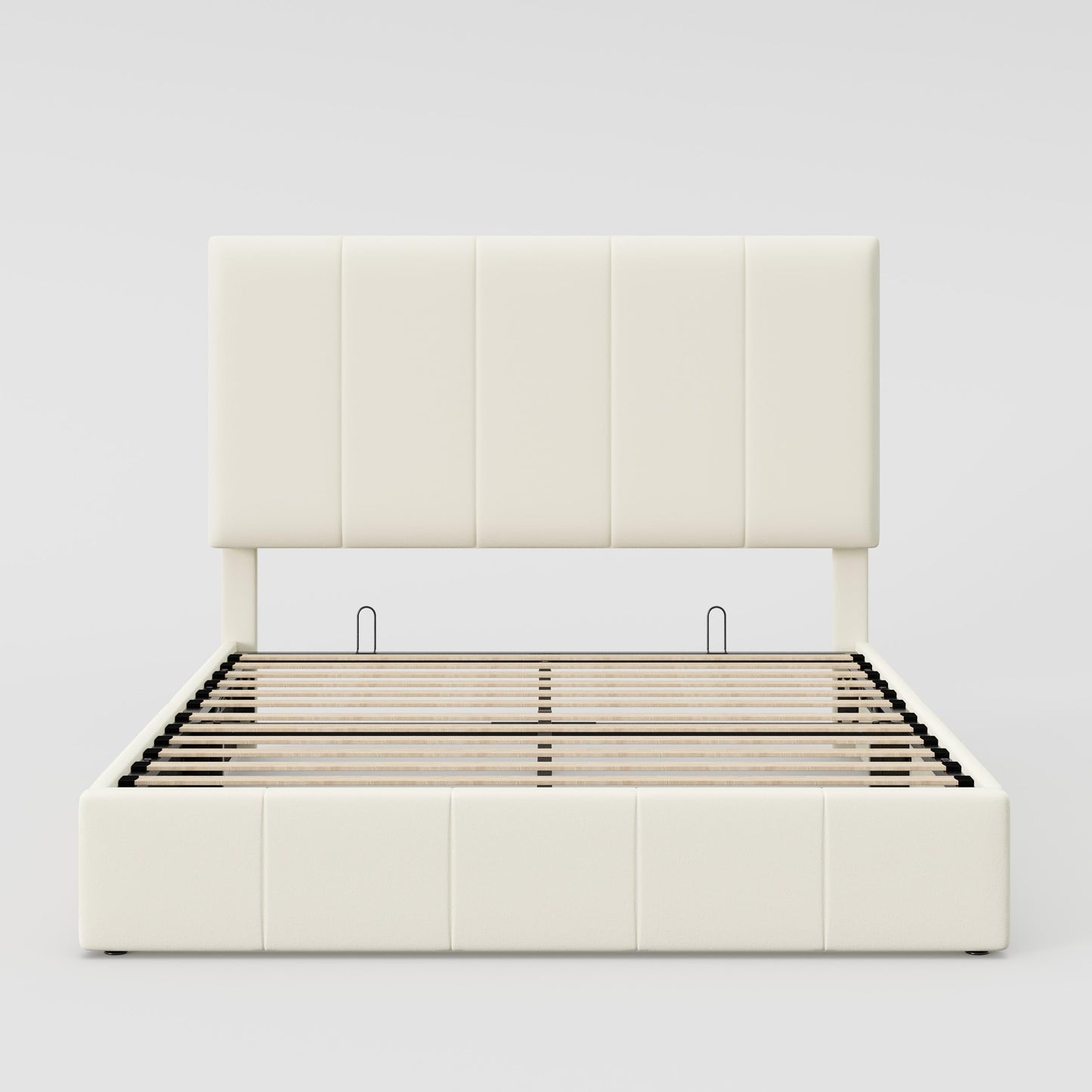 Allewie Queen Size Velvet Lift Up Storage Bed Frame, Vertical Channel Tufted Headboard, Hydrualic Underneath Storage, Upholstered Platform Bed, Wooden Slats Support, No Box Spring Needed, Cream